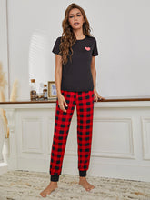 Women's 2pcs Pajama Set Short Sleeves Top with plaid Pants Sai Feel